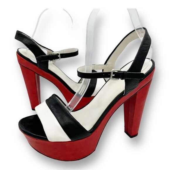 Stuart Weizmann Black Red and White Wide Strap Platform Sandals with Ankle Strap - Picture 2 of 15